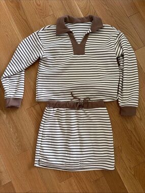 Striped Brown & Cream Lounge Set with Collared Top and Skort Bottom